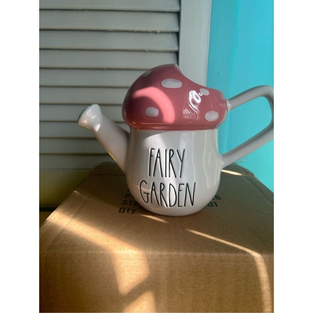 Rae Dunn Fairy Garden Ceramic Watering Can Planter Holder Pink Mushroom NIB